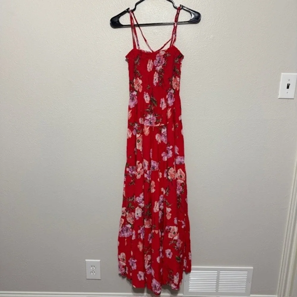 Abercrombie & Fitch Red Floral Smocked Tiered Maxi Dress Pockets Small